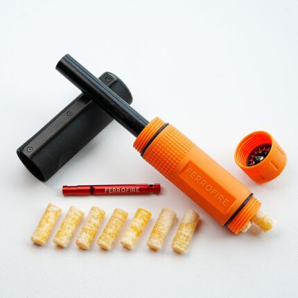 FERROFIRE CacheONE 5-in-1 Fire Starter with Super-Duty 9/16" Thick Ferro Rod, Integrated Striker & Compass, 120dB Whistle, 9 Fire Plugs for Emergency Survival Bushcraft EDC