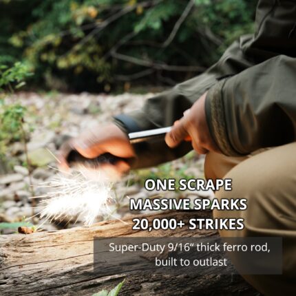 FERROFIRE CacheONE 5-in-1 Fire Starter with Super-Duty 9/16" Thick Ferro Rod, Integrated Striker & Compass, 120dB Whistle, 9 Fire Plugs for Emergency Survival Bushcraft EDC - Image 2